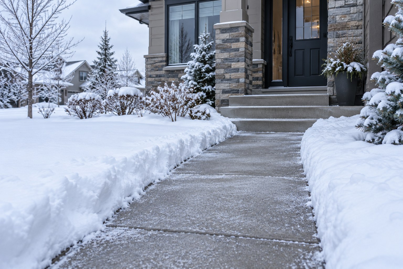 Illustrative winter scene of a cleared walkway and front steps